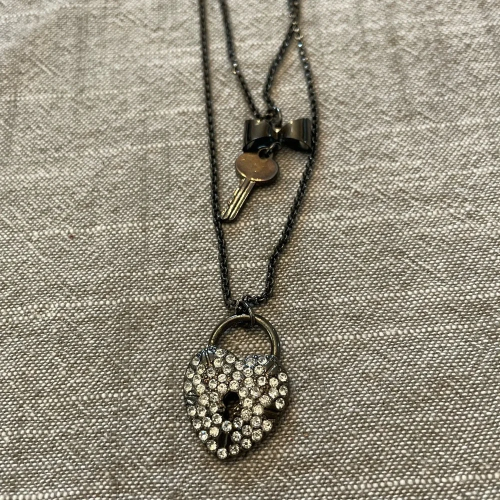 Betsey Johnson Black and Silver lock and key Layered Heart Necklace